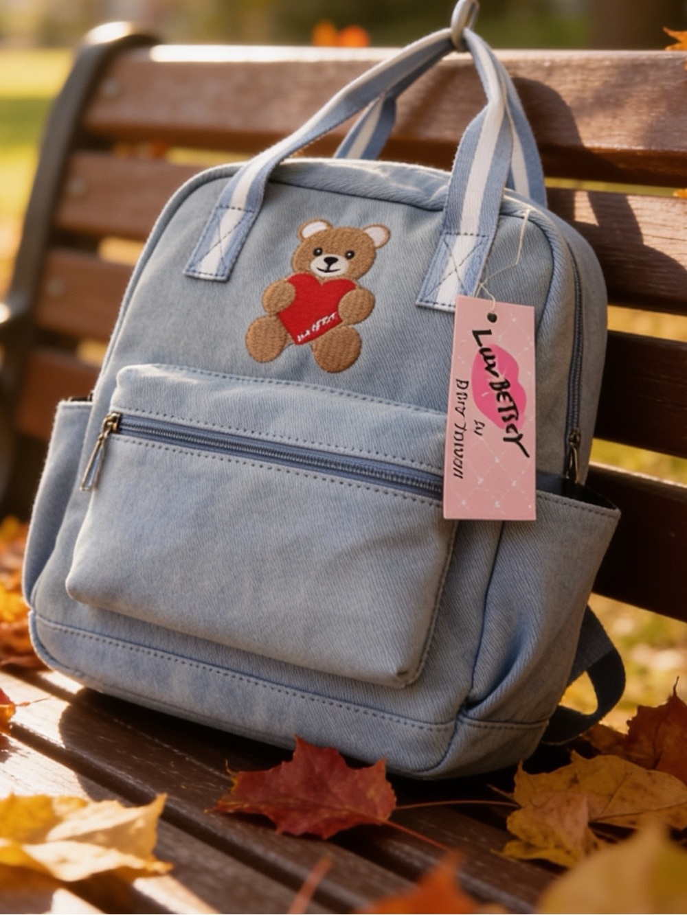 Betsey Johnson light denim backpack embroidered teddy bear, 51% cotton *rare*
